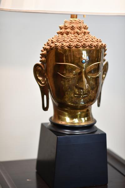 HINDU HEAD Brass Wood Table Lamp w LINEN SHADE