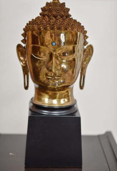 HINDU HEAD Brass Wood Table Lamp w LINEN SHADE