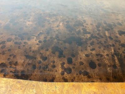 HOLLYWOOD REGENCY BURLWOOD AND OIL SPOT LEATHER LATTICE DESK