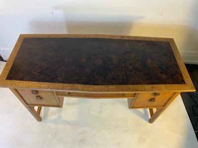 HOLLYWOOD REGENCY BURLWOOD AND OIL SPOT LEATHER LATTICE DESK