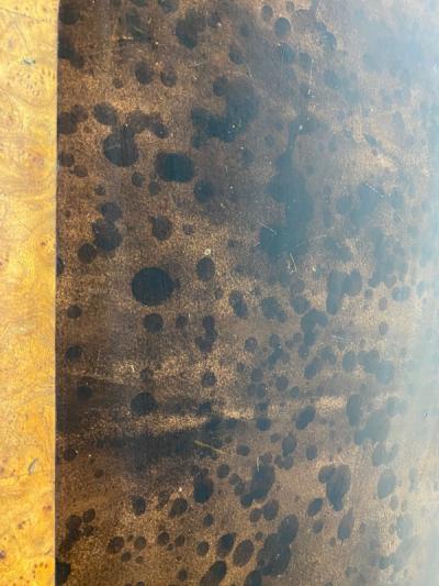 HOLLYWOOD REGENCY BURLWOOD AND OIL SPOT LEATHER LATTICE DESK