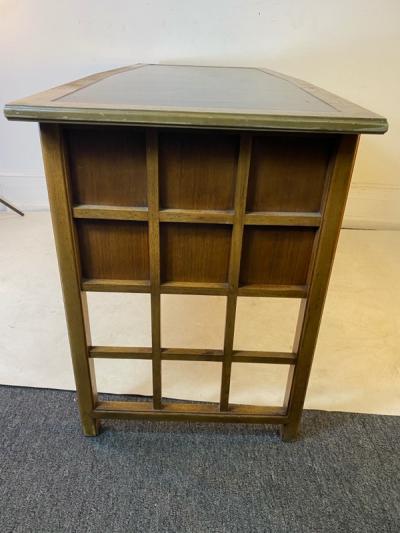 HOLLYWOOD REGENCY BURLWOOD AND OIL SPOT LEATHER LATTICE DESK