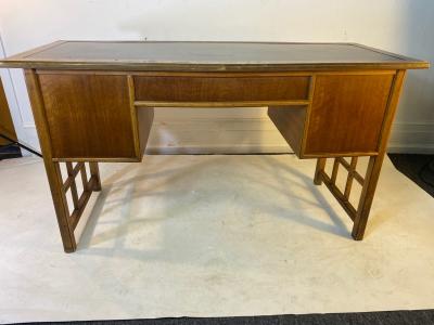 HOLLYWOOD REGENCY BURLWOOD AND OIL SPOT LEATHER LATTICE DESK