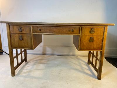 HOLLYWOOD REGENCY BURLWOOD AND OIL SPOT LEATHER LATTICE DESK