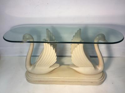 HOLLYWOOD REGENCY CARVED WOOD DOUBLE SWAN CONSOLE