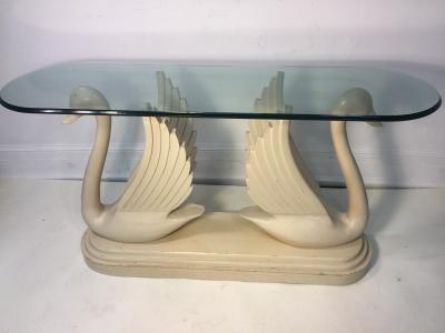 HOLLYWOOD REGENCY CARVED WOOD DOUBLE SWAN CONSOLE