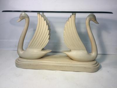 HOLLYWOOD REGENCY CARVED WOOD DOUBLE SWAN CONSOLE