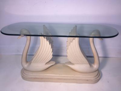 HOLLYWOOD REGENCY CARVED WOOD DOUBLE SWAN CONSOLE