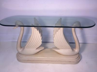 HOLLYWOOD REGENCY CARVED WOOD DOUBLE SWAN CONSOLE