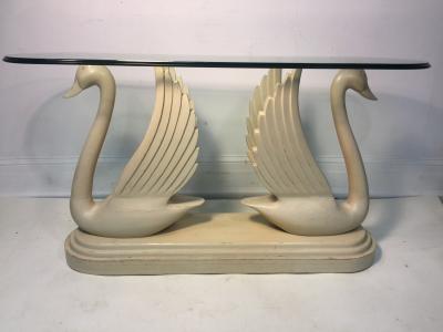 HOLLYWOOD REGENCY CARVED WOOD DOUBLE SWAN CONSOLE