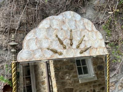 HOLLYWOOD REGENCY GILT BRONZE CAPIZ SHELL HALL MIRROR WITH CAPIZ SHELL CONSOLE