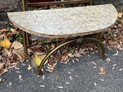 HOLLYWOOD REGENCY GILT BRONZE CAPIZ SHELL HALL MIRROR WITH CAPIZ SHELL CONSOLE