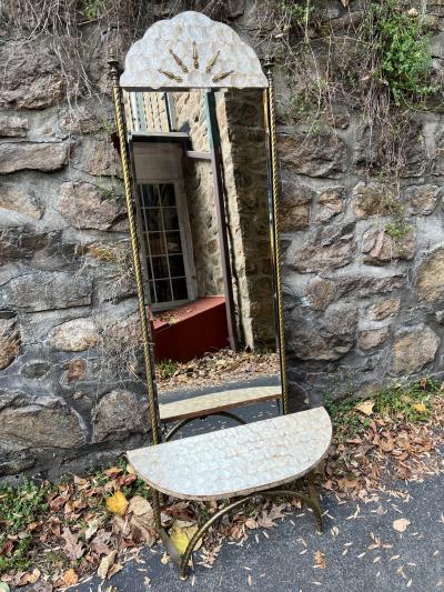 HOLLYWOOD REGENCY GILT BRONZE CAPIZ SHELL HALL MIRROR WITH CAPIZ SHELL CONSOLE