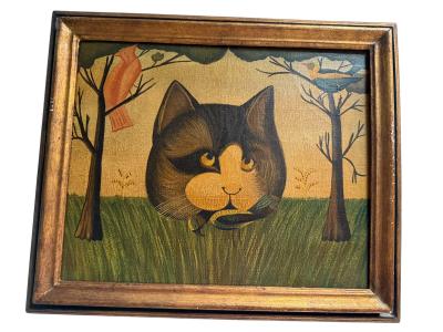 HUBERT HENRY SCHRADER THE CAT BIRD CATCHER FOLK ART PAINTING BY HUBERT HENRY SCHRADER