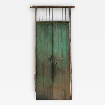 Hacienda Old Rustic Green Barn Doors in Solid Slab Mesquite Wood Mexico 1920s