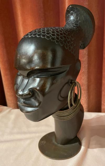Hagenauer Carved Wood with Bronze Base Sculpture Head of African Woman 1930