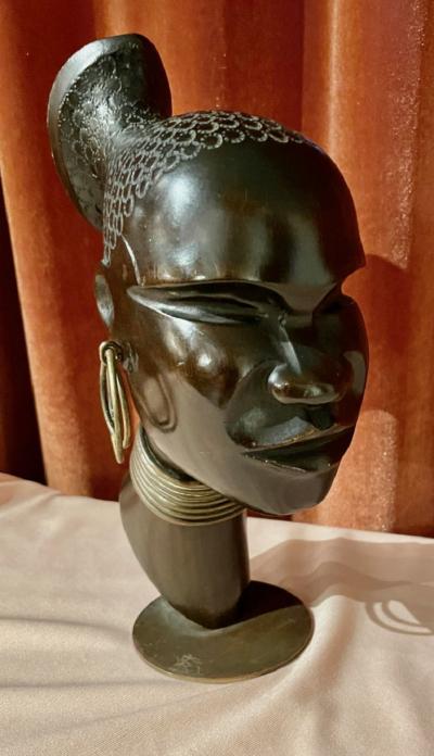 Hagenauer Carved Wood with Bronze Base Sculpture Head of African Woman 1930