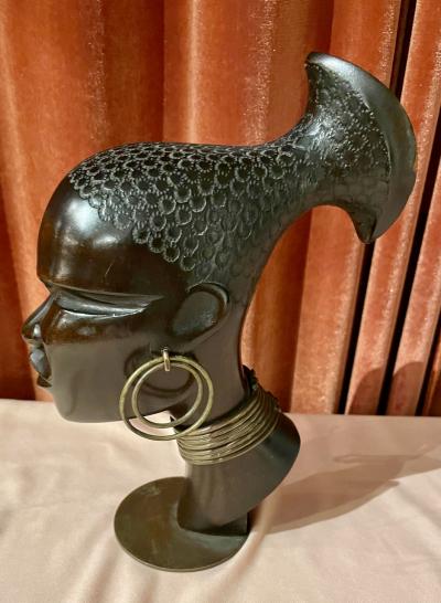 Hagenauer Carved Wood with Bronze Base Sculpture Head of African Woman 1930