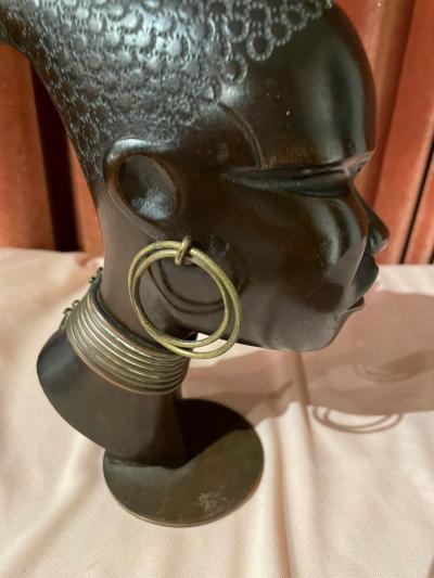 Hagenauer Carved Wood with Bronze Base Sculpture Head of African Woman 1930