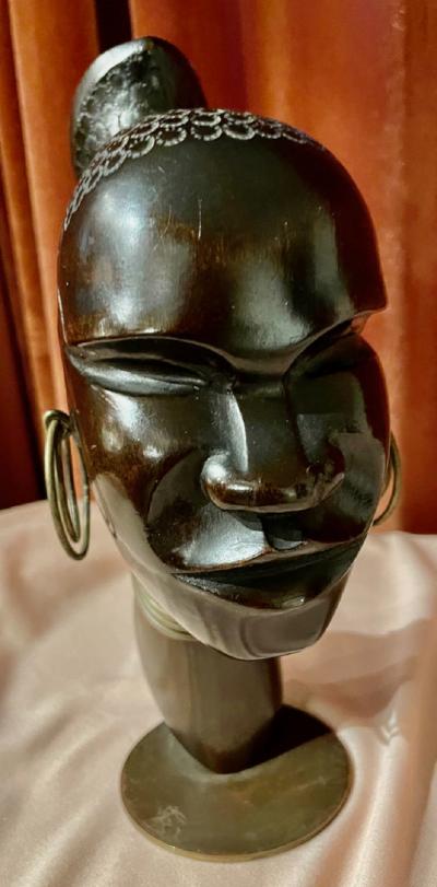 Hagenauer Carved Wood with Bronze Base Sculpture Head of African Woman 1930