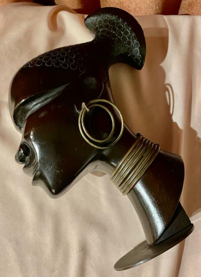 Hagenauer Carved Wood with Bronze Base Sculpture Head of African Woman 1930