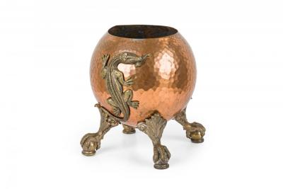Hammered Copper and Bronze Alligator Motif Claw Ball Footed Cachepot Planter