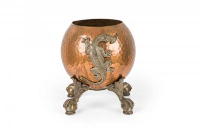 Hammered Copper and Bronze Alligator Motif Claw Ball Footed Cachepot Planter
