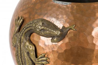 Hammered Copper and Bronze Alligator Motif Claw Ball Footed Cachepot Planter
