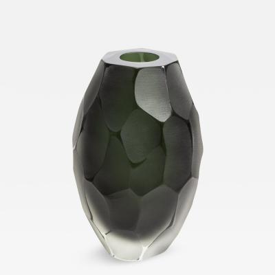 Hand Blown Murano Battuto Vase in Black and Deep Green Medium