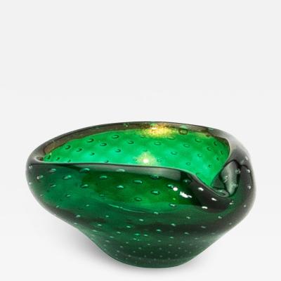 Hand Blown Murano Bowl in Green with 24 Karat Gold Flecks and Bullicante Detaili