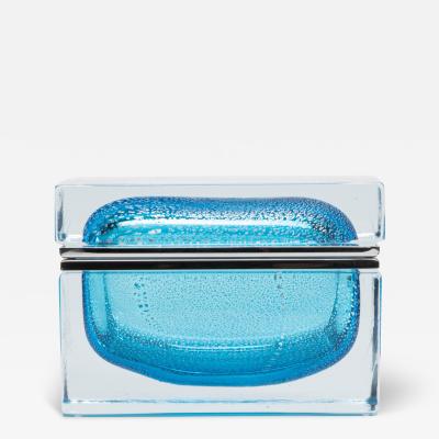 Hand Blown Murano Box in Aqua Blue with Silver Flecks and Chrome Fittings