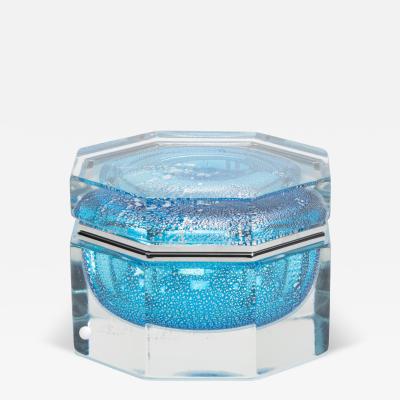 Hand Blown Murano Box in Aqua Blue with Silver Flecks and Chrome Fittings