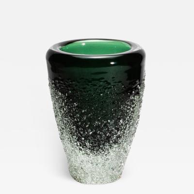 Hand Blown Murano Frozen Vase in Emerald Green Medium