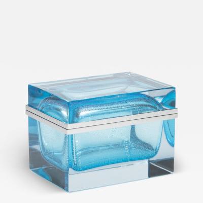 Hand Blown Murano Giant Box in Aqua Blue with Silver Flecks and Chrome Fittings
