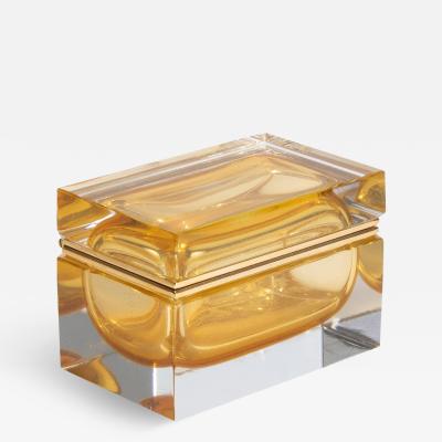 Hand Blown Murano Glass Box in Amber with 24 Karat Gold Flecks and Brass Fitting