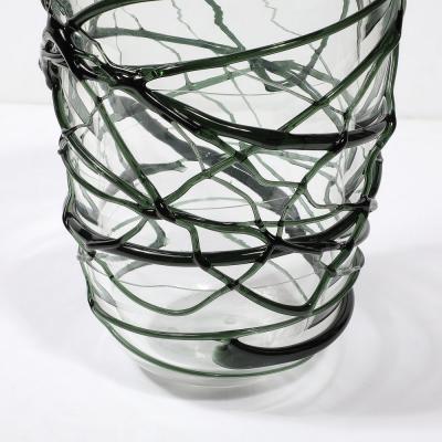 Hand Blown Murano Glass Vases with Organic Viridian Green Sculptural Striations