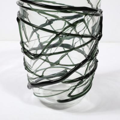 Hand Blown Murano Glass Vases with Organic Viridian Green Sculptural Striations