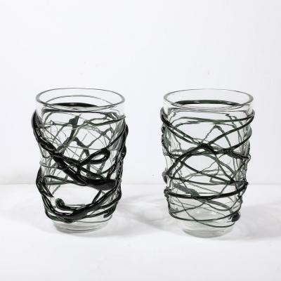 Hand Blown Murano Glass Vases with Organic Viridian Green Sculptural Striations