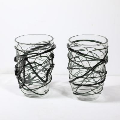 Hand Blown Murano Glass Vases with Organic Viridian Green Sculptural Striations