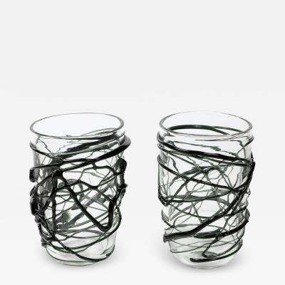Hand Blown Murano Glass Vases with Organic Viridian Green Sculptural Striations