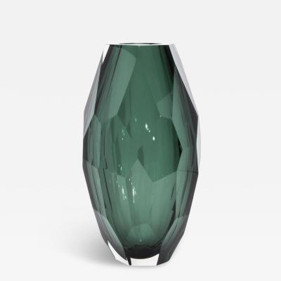 Hand Blown Murano Modern Tall Faceted Vase in Emerald Green Large