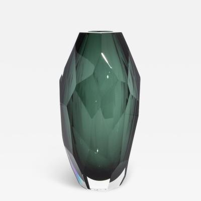 Hand Blown Murano Modern Tall Faceted Vase in Emerald Green Medium