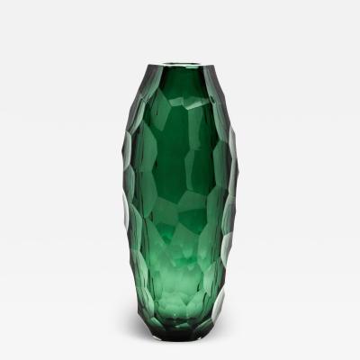 Hand Blown Murano Tall Faceted Vase in Emerald Green