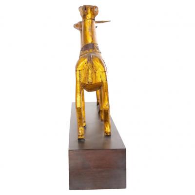 Hand Carved Gilt Gold Animal Sculpture Wood Base Decorative Piece