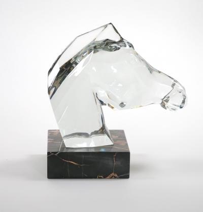 Hand Carved Rock Crystal Equo Case Horse Head Marble Base Sculpture