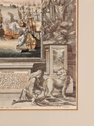 Hand Colored Engraving Battle of Gibraltar Germany circa 1720