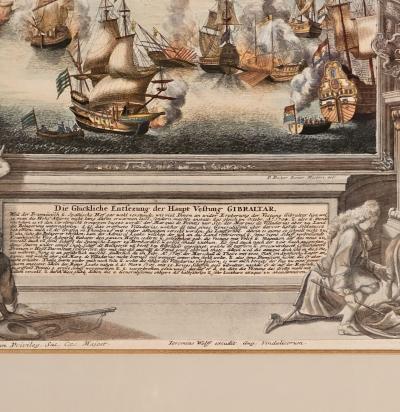Hand Colored Engraving Battle of Gibraltar Germany circa 1720