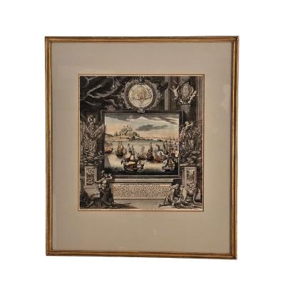 Hand Colored Engraving Battle of Gibraltar Germany circa 1720