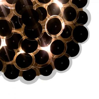 Hand Crafted Black Clear Murano Glass Disc and Burnished Brass Flush Mount