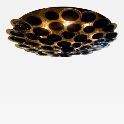 Hand Crafted Black Clear Murano Glass Disc and Burnished Brass Flush Mount